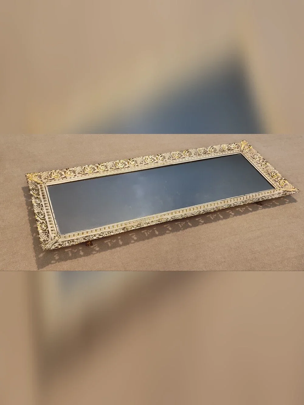 Vintage 50's-60's Gold Ornate Rectangular Mirrored Tray- Elegant Home Accent